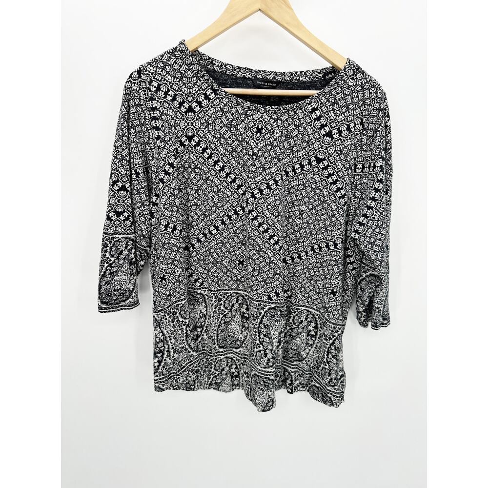 Lucky Brand Black Cream Printed 3/4 Sleeve Tunic Top Womens Plus Size 1X 7Q63494